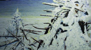 Reprodukja obrazu z cyklu Ostrefki. na obrazie drzewa przysypane śniegiem.